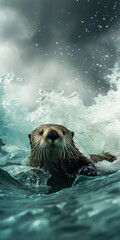 Otter swimming in the ocean with waves and water splashing in a marine wildlife nature scene