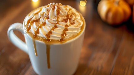 Delicious creamy coffee with whipped cream and caramel drizzle, perfect for cozy moments in autumn settings.