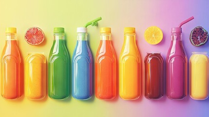   A row of differently-colored bottles, including a lime, grapefruit, grapefruit, and grapefruit