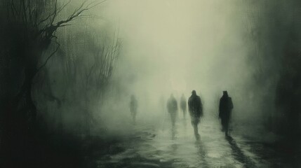 Mysterious silhouettes of unknown figures shrouded in an eerie gloomy fog creating an atmosphere of suspense trepidation and the unseen