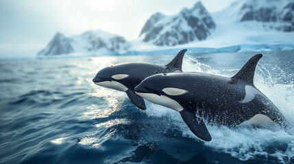 Majestic orcas swimming in the Arctic ocean with ice mountains and glaciers in the background © Hype2Art