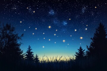 Fototapeta premium Starry Night Sky with Silhouetted Trees and Grass