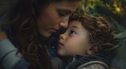 Obraz premium Mother hugging her child, motherhood, family, childcare concept background. Happy mother's day celebration conceptual picture with mother and her child.
