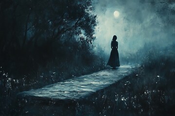 Fototapeta premium Silhouette of a woman walking on a stone path through a dark forest at night with a full moon
