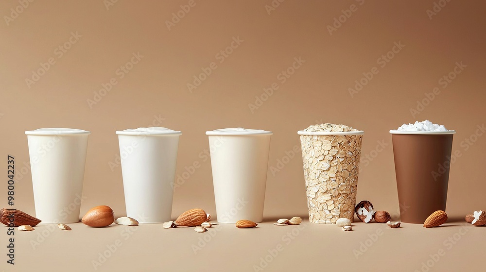 Sticker   A row of coffee cups rests atop a table, alongside nuts and a cup of coffee perched beside it