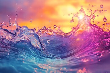 Abstract Water Splash with Sunset Colors, Rainbow, and Vibrant Background
