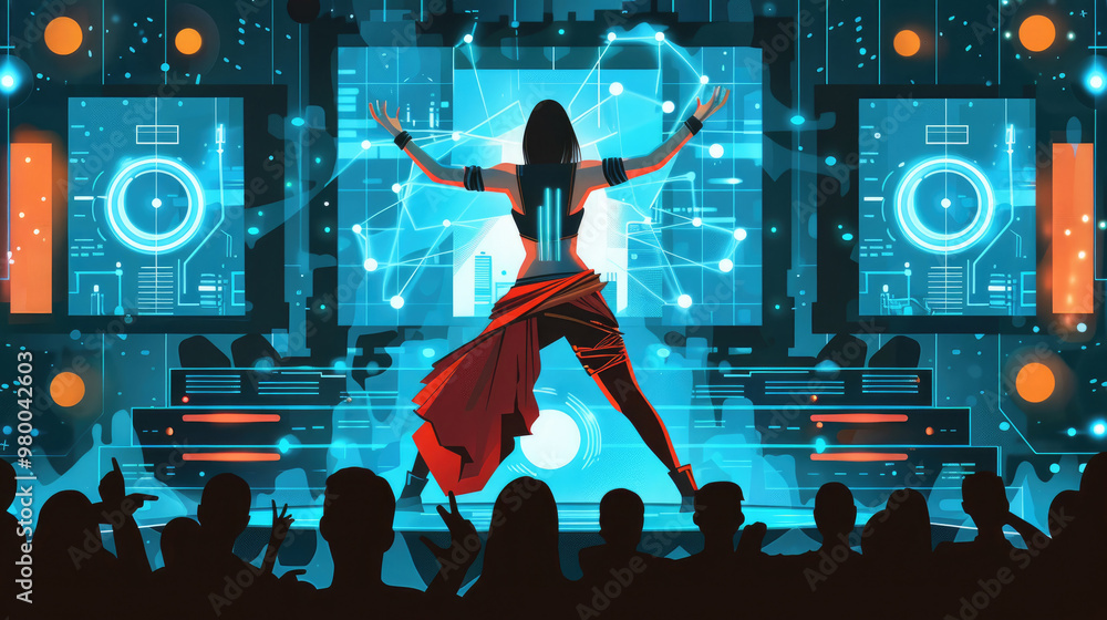 Poster the performer engages the crowd with vibrant movements against a backdrop of dynamic visuals and int
