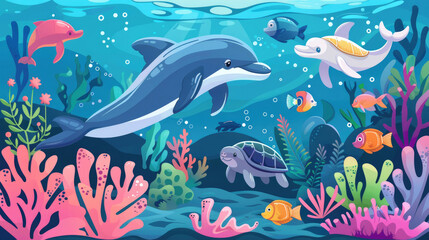 Fototapeta premium A lively underwater habitat showcasing dolphins, colorful fish, turtles, and corals against a bright blue backdrop of the ocean