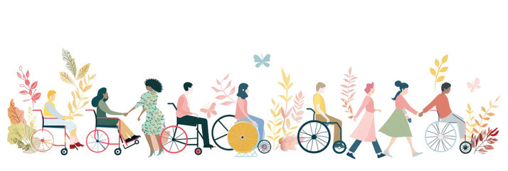 Fototapeta premium A colorful assembly of people in wheelchairs and those walking together, celebrating friendship, connection, and inclusivity in a bright outdoor environment
