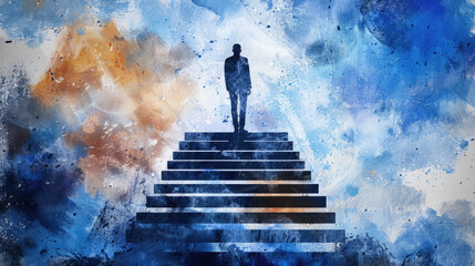 A lone individual ascends steps, surrounded by a vibrant, abstract background of blue and orange colors, evoking feelings of introspection and journey