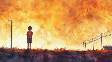 Fototapeta premium A young boy stands on a hill, mesmerized by the vibrant sunset stretching across the sky, framed by telephone poles and distant buildings