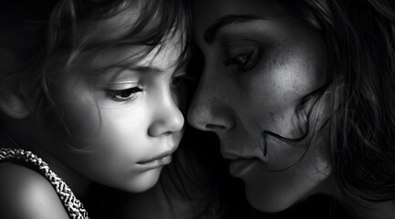 Obraz premium Mother hugging her child, motherhood, family, childcare concept background. Happy mother's day celebration conceptual picture with mother and her child. Black and white portrait.