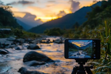 Camera capturing a sunset view of a mountain stream with a tripod