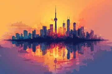 Fototapeta premium Toronto Skyline Silhouette with Water Reflection at Sunset