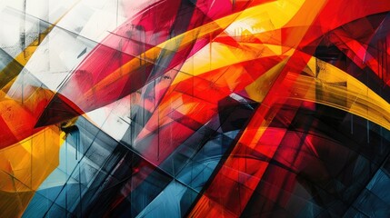 Fototapeta premium Vibrant and dynamic geometric abstract composition featuring intersecting lines triangles and polygons in a vivid color palette The digital artwork creates a sense of depth energy