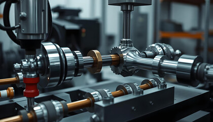 The repaired crankshaft rotates on the stand, undergoing testing by a precision CMM machine, ensuring perfect accuracy. A vivid representation of high-quality service in the automotive repair industry