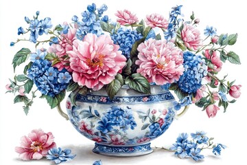 A Bouquet of Pink and Blue Flowers in a Blue and White Ornate Vase