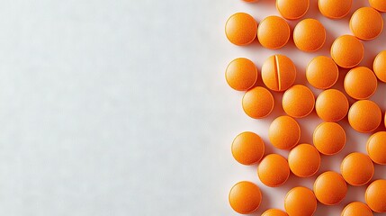   A stack of orange pills rests on a white table beside a white sheet labeled vitamin