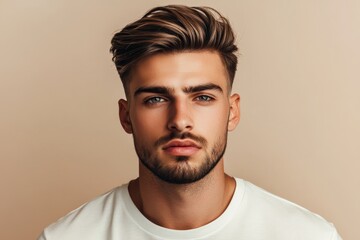 Obraz premium Portrait of a fashionable man with a modern stylish haircut. Front view men's haircut of a handsome man.