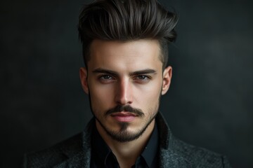 Fototapeta premium Portrait of a fashionable man with a modern stylish haircut. Front view men's haircut of a handsome man.