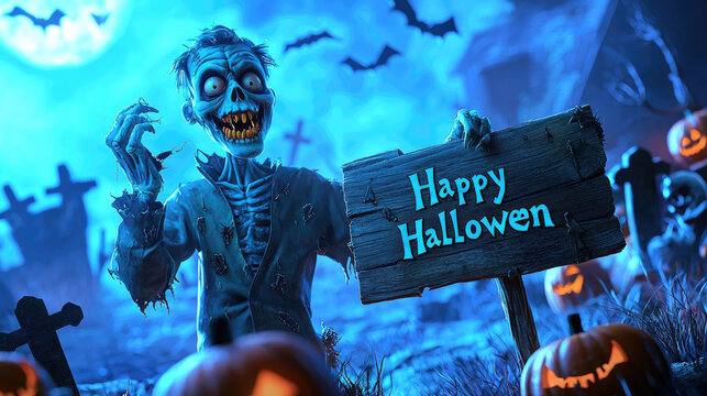 Funny zombie and wooden sign Happy Halloween at night, scary dead man and jack pumpkins at graveyard. Theme of ads, horror, grave, greeting, party