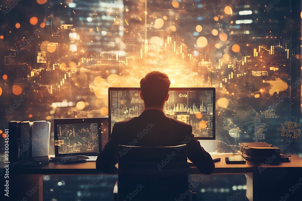 Poster businessman analyzing data and charts on multiple computer screens at night. concept of stock market