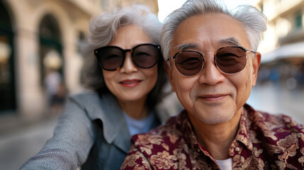 Obraz premium asian couple elderly is traveling in Europe on Cruise trip 