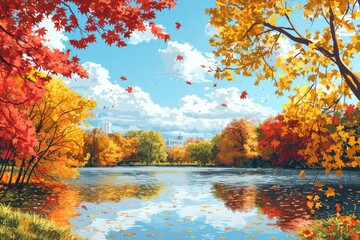 Autumnal Lake Scene with Vibrant Trees and Cityscape in the Distance