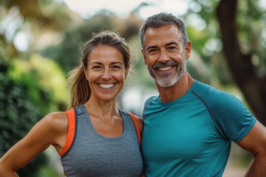Cheerful middle aged couple in athletic attire prepared for outdoor exercise