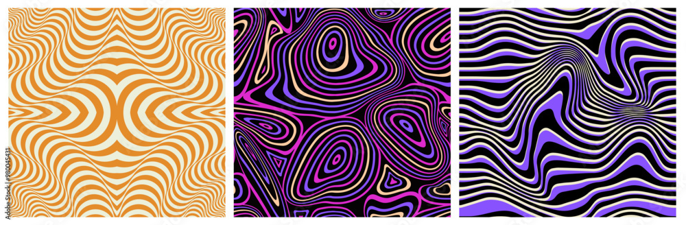Poster set of wavy seamless patterns. repeating psychedelic trippy ornaments with optical illusion effect. 
