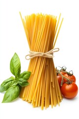 Long, thin, tubular-shaped Italian pasta with high-quality durum wheat. Italian pasta with the flavor and aroma of the tribe against a white background.