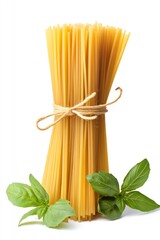 Long, thin, tubular-shaped Italian pasta with high-quality durum wheat. Italian pasta with the flavor and aroma of the tribe against a white background.