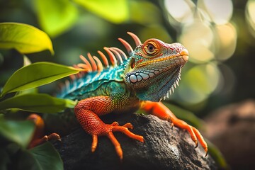 Fototapeta premium Close up of a colorful iguana lizard with green, orange, and blue scales on a tree branch