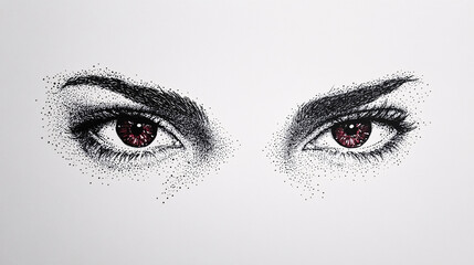 Naklejka premium Stylized black-and-white eye illustration with vibrant red iris, detailed stippling technique in a surreal and intense black and white design