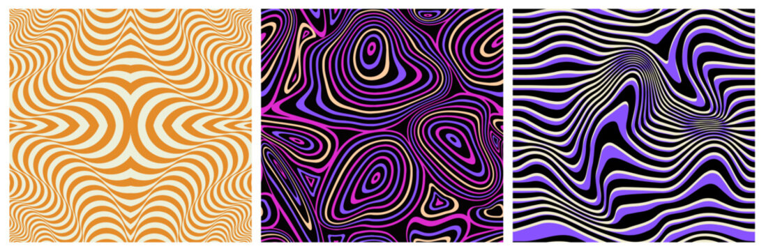 Set of wavy seamless patterns. Repeating psychedelic trippy ornaments with optical illusion effect. Flowing Swirl Backgrounds. Abstract vector illustration collection isolated on white background