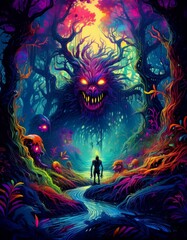Fototapeta premium A scary forest with a monster lurking in the woods alone