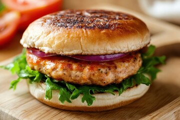 Cheesy chicken patty burger on a wooden surface