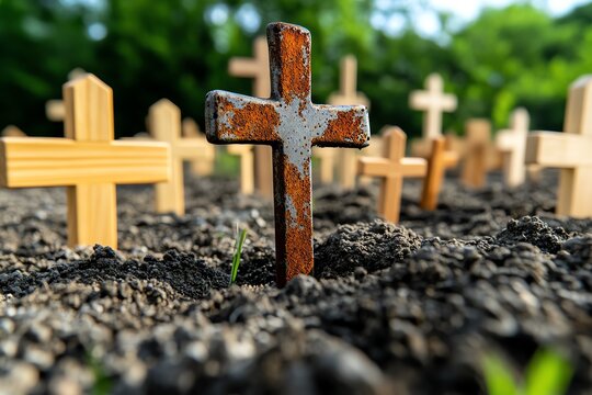A close-up of a metal cross, with rust showing its age, surrounded by newer wooden crosses