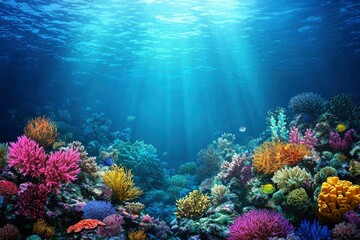 Naklejka premium Underwater Scene with Colorful Coral Reef and Sunlight