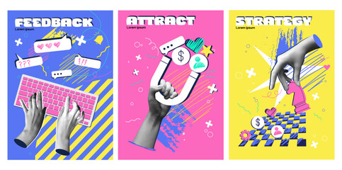Set of posters in halftone style. Modern art collage related to marketing and promotion in social networks. Strategy for attracting audience. Vector illustration collection isolated on background