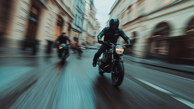 Black motorcyclist in a chase driving at high speed through an urban street with motion blur