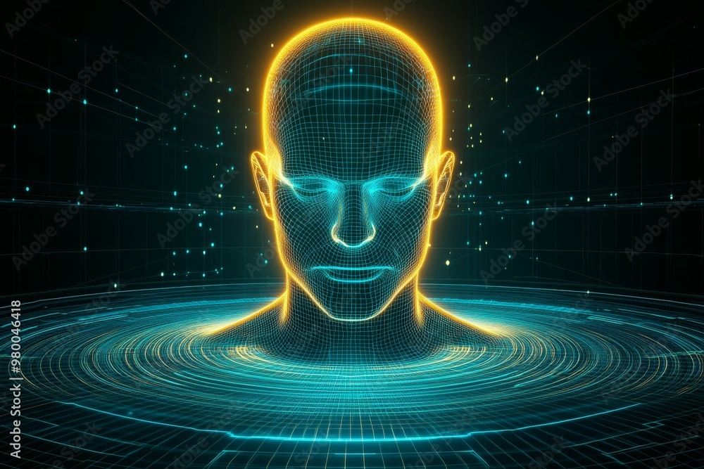 Poster Abstract glowing head in a digital environment symbolizing data transmission artificial intelligence and the future of human computer interaction