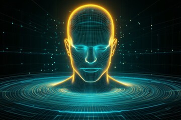 Abstract glowing head in a digital environment symbolizing data transmission artificial intelligence and the future of human computer interaction