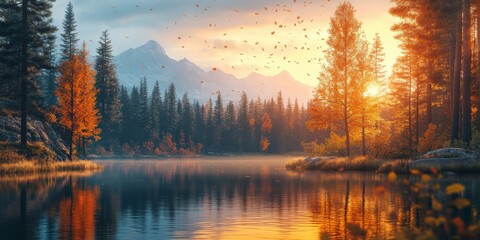 Majestic Autumn Mountain Landscape with Vibrant Foliage and Serene Lake