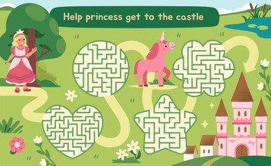 Fairytale maze for kids. Help princess go through labyrinth and get to unicorn and castle. Educational and entertaining activities for preschoolers. Magic Worksheet. Flat vector illustration