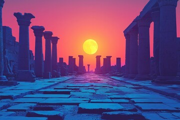 Ancient Ruins With a Full Moon in a Vibrant Sunset Sky