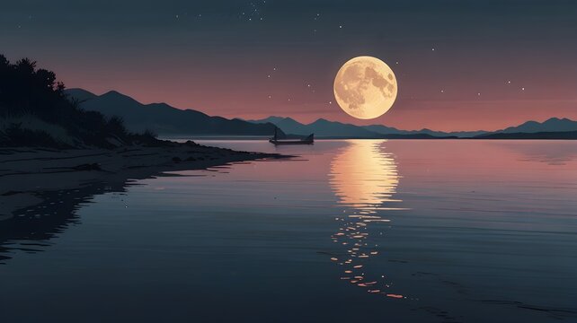 a huge moon up on the sky with glowing reflection on the river and mountains views around