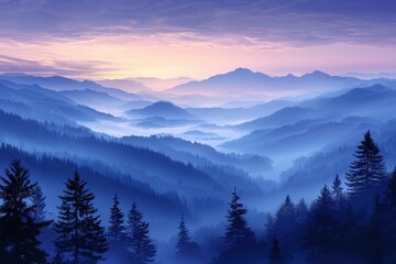 A Misty Morning Over Silhouetted Mountains and Forest