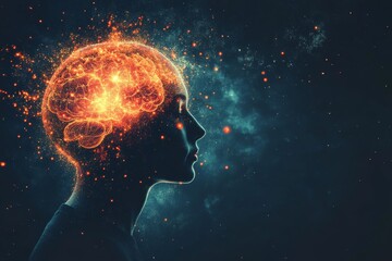 Silhouette of a woman with a glowing neural brain symbolizing intelligence cognitive power and the connection between mind and consciousness in a dark abstract setting