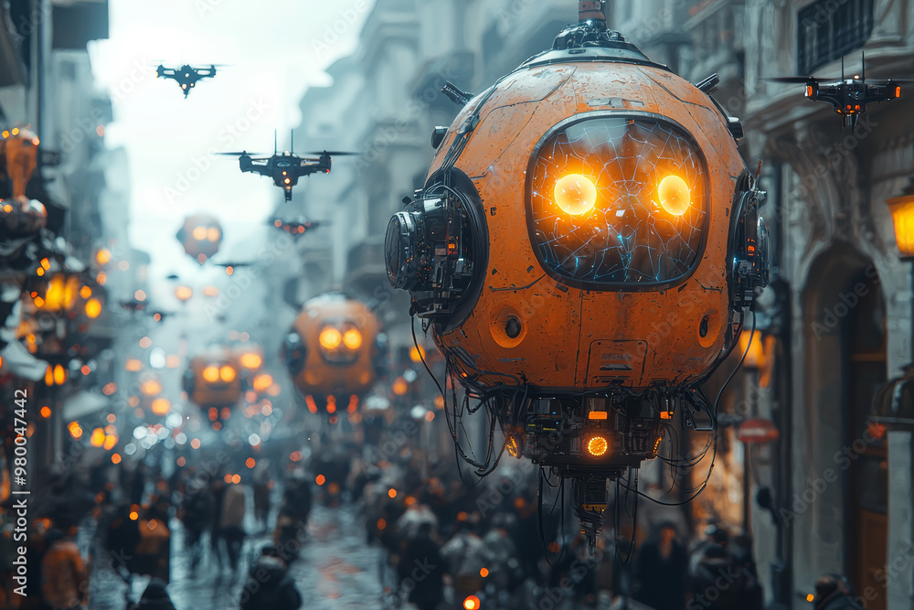 Canvas Prints a futuristic halloween parade with floats featuring holographic projections and drones creating eeri